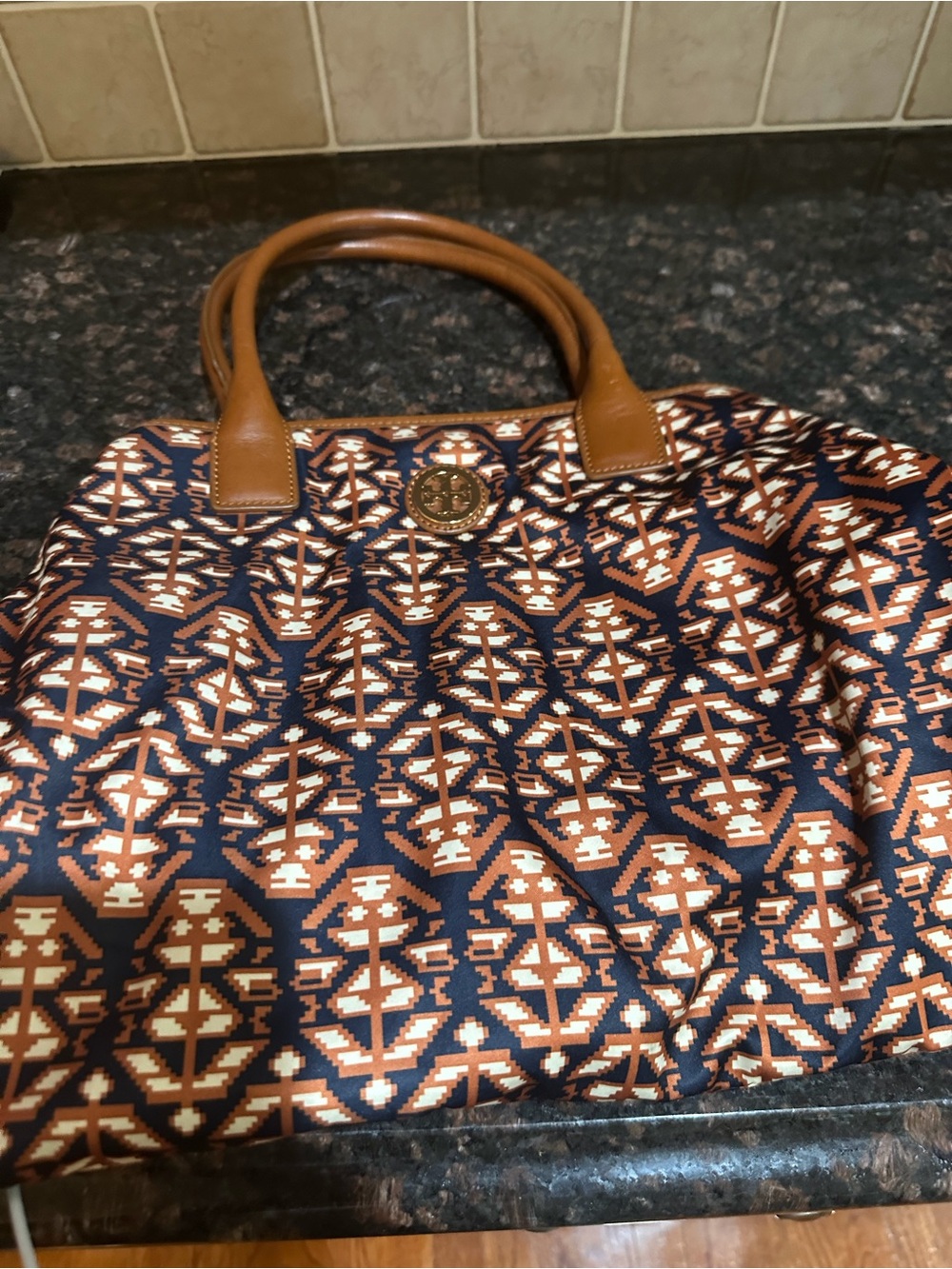 Tory Burch Navy, Tan and Cream Geometric Tote